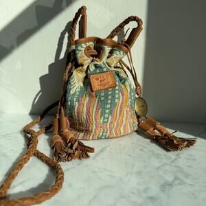 Will Leather Goods Boho Bucket Bag Woven Fabric & Leather Trim